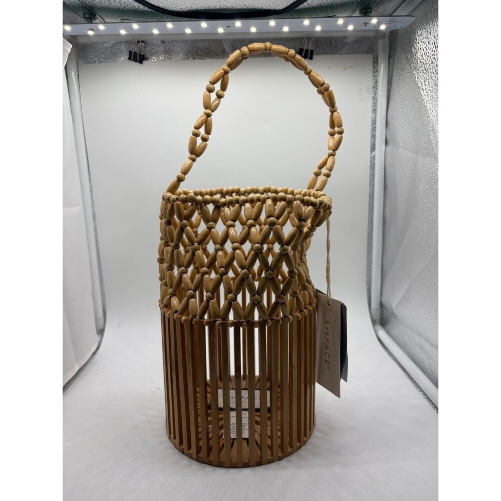 L*Space Casanova Handbag Natural Wood Beaded Vacation Bucket Bag 9" - Picture 1 of 13